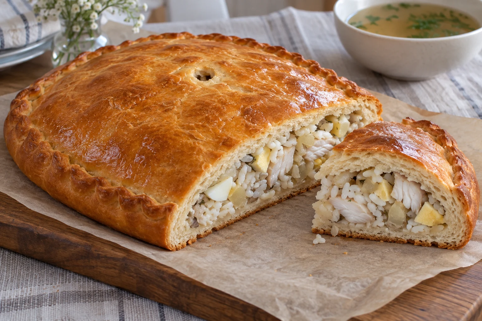 A golden closed yeast-dough fish pie with one slice showing white fish, rice and egg filling