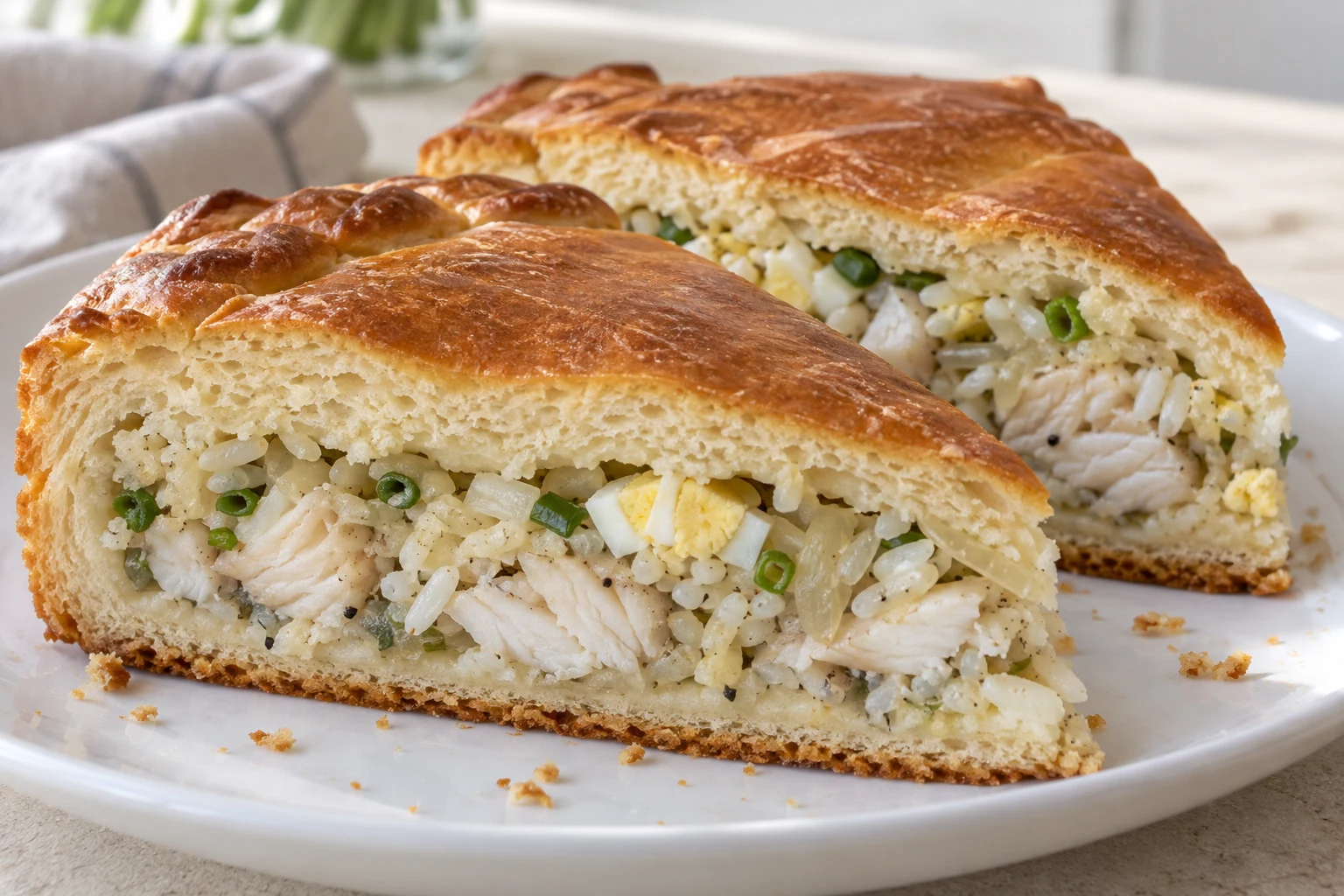 Two cut slices of yeast-dough fish pirog showing soft bread crumb around white fish and rice