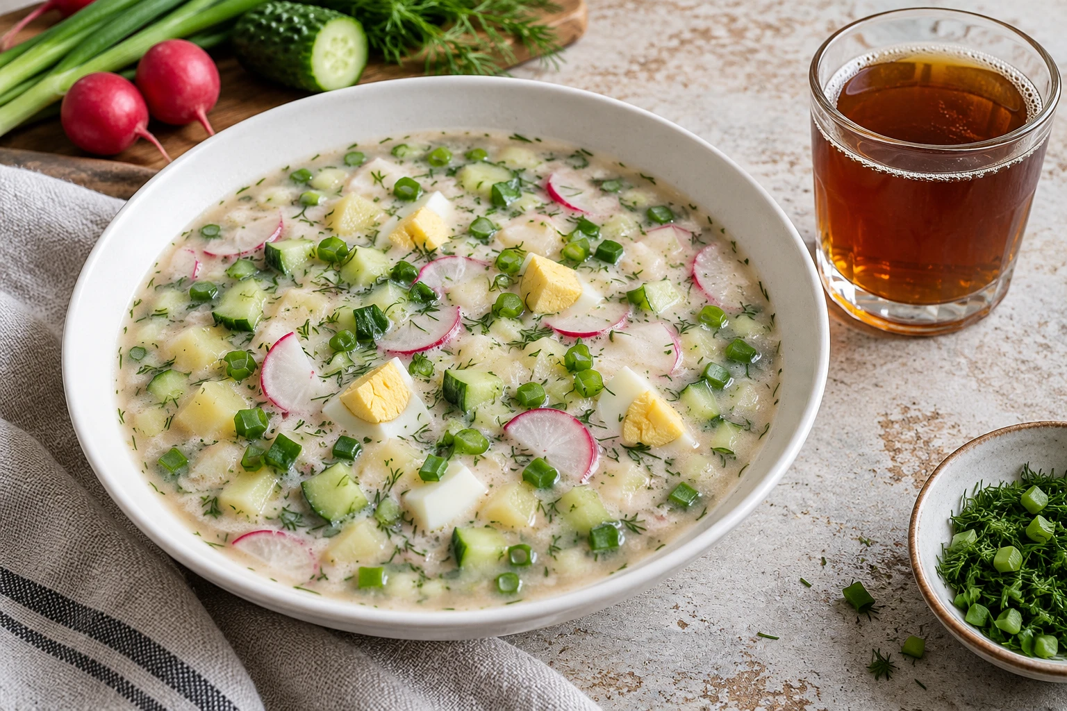 A bowl of pale kvass-based okroshka with cucumber, radish, cooked potato, hard-cooked egg and herbs beside a kvass glass