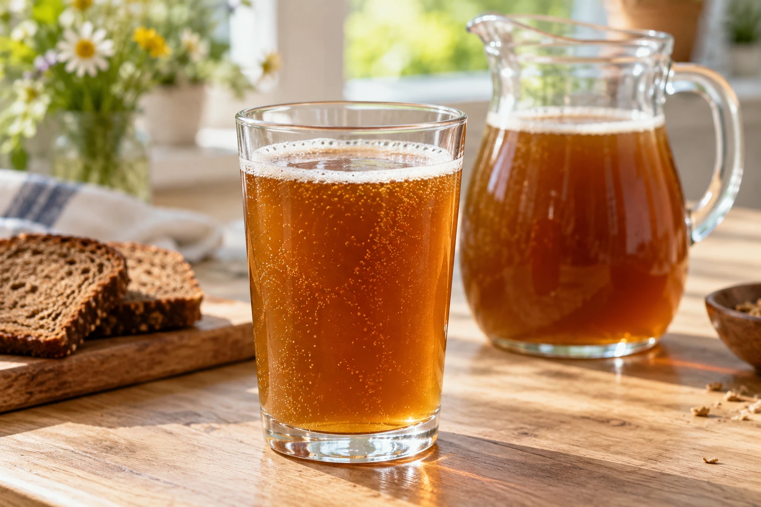 Amber-brown kvass in an ordinary glass and clear serving jug beside rye bread