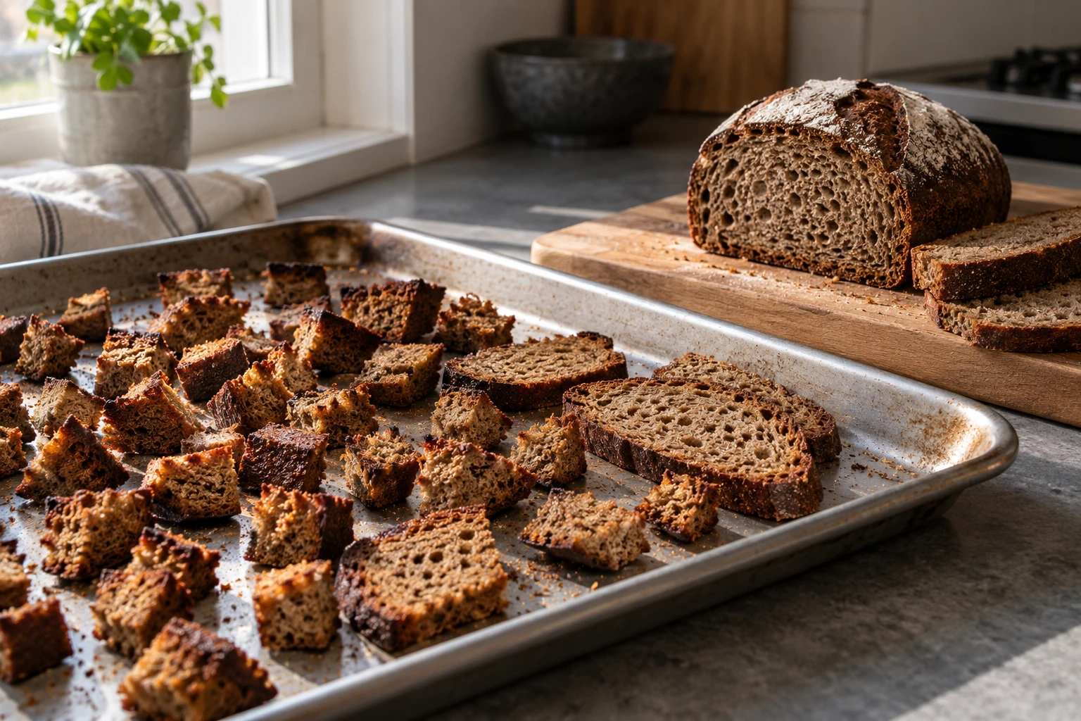 Toasted rye bread pieces on a baking tray with a cut rye loaf behind
