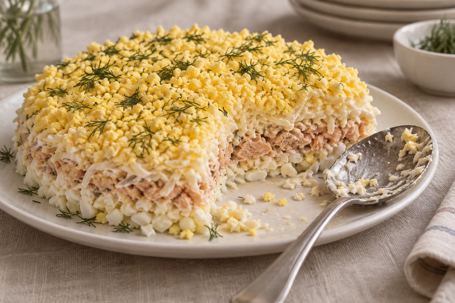 A low layered fish, egg, and cheese salad with yellow crumbled yolk and a portion removed