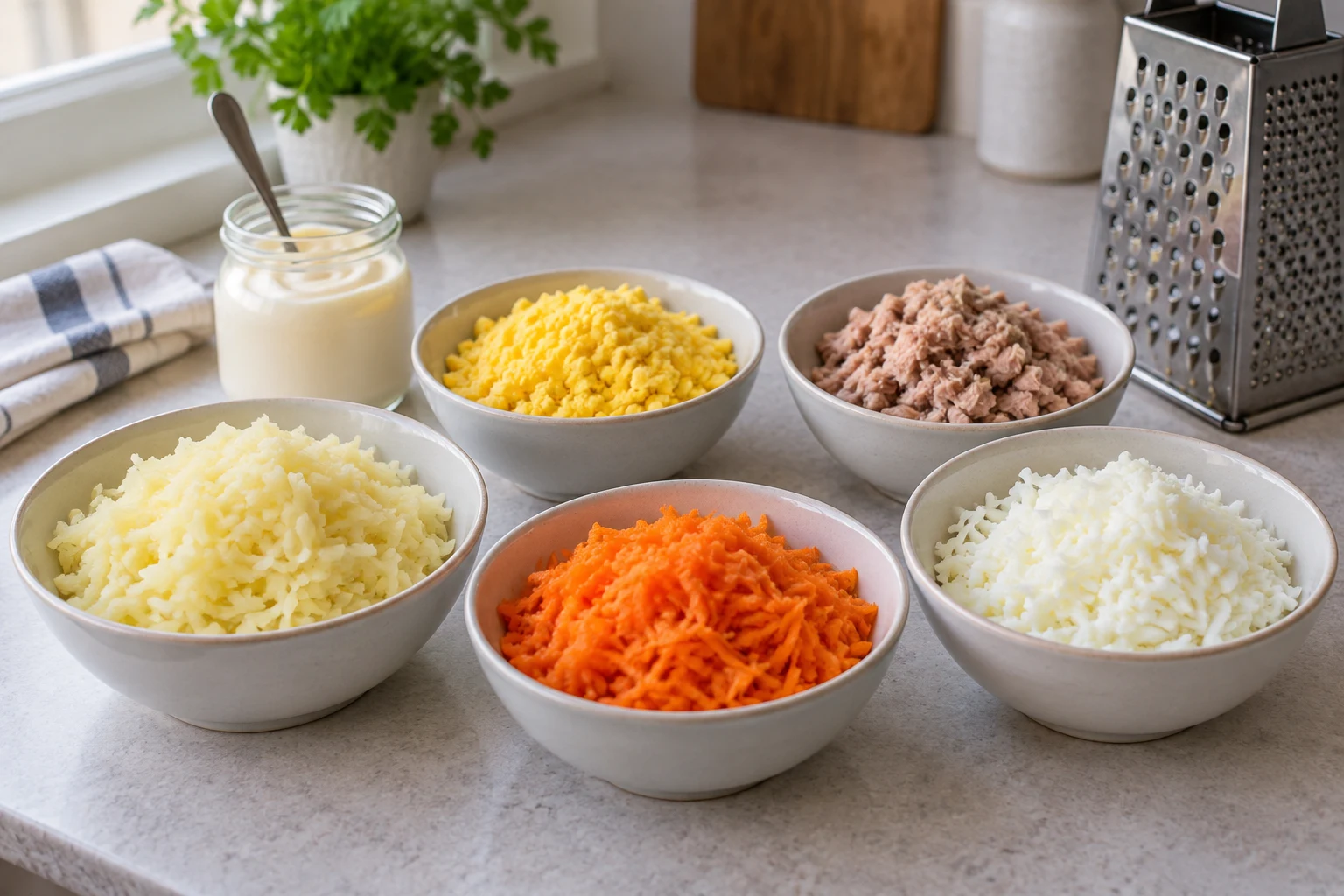 Separate bowls of fine cooked potato, carrot, egg white, egg yolk, and flaked canned fish beside mayonnaise and a grater
