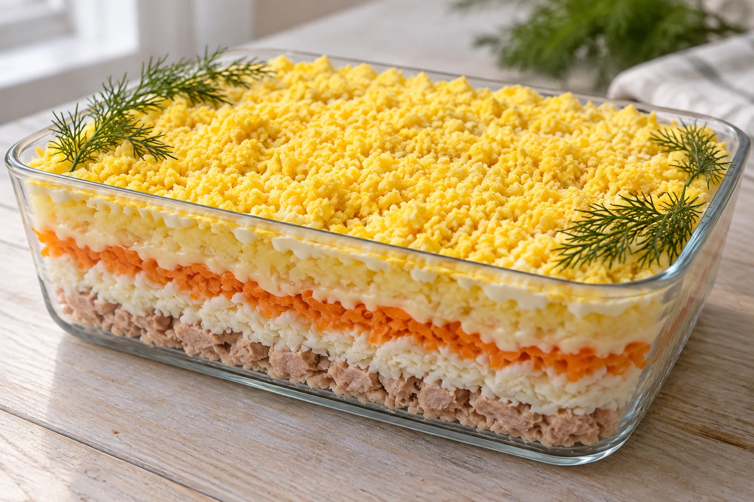 Glass dish of layered tuna, egg, carrot, and potato salad with a fluffy yellow yolk topping