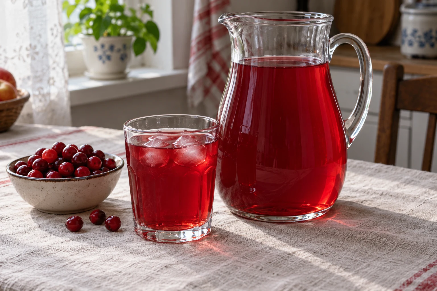 A pitcher and glass of translucent ruby red cranberry mors beside whole cranberries