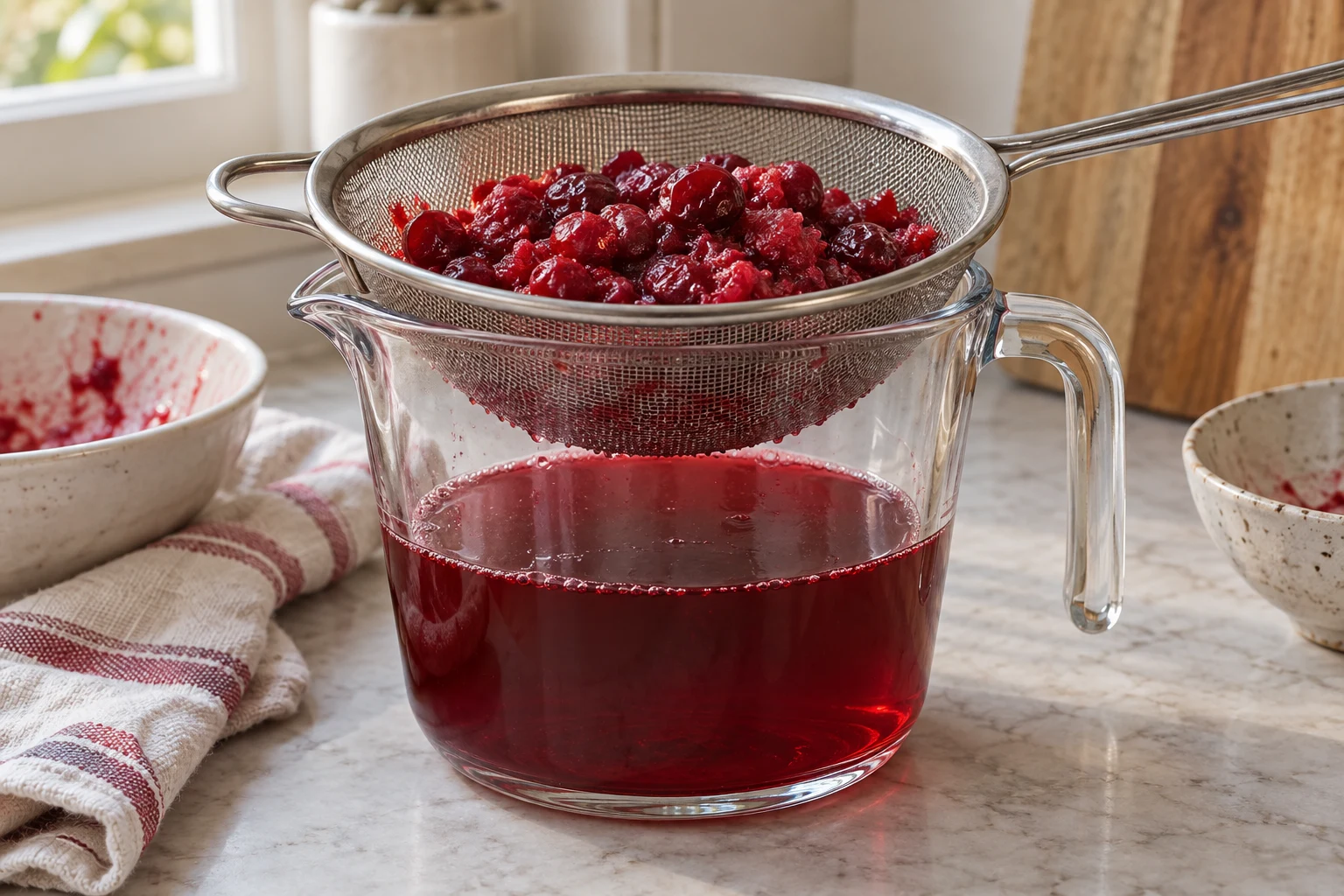 Cooked burst cranberries in a fine-mesh sieve above a jug of strained red liquid