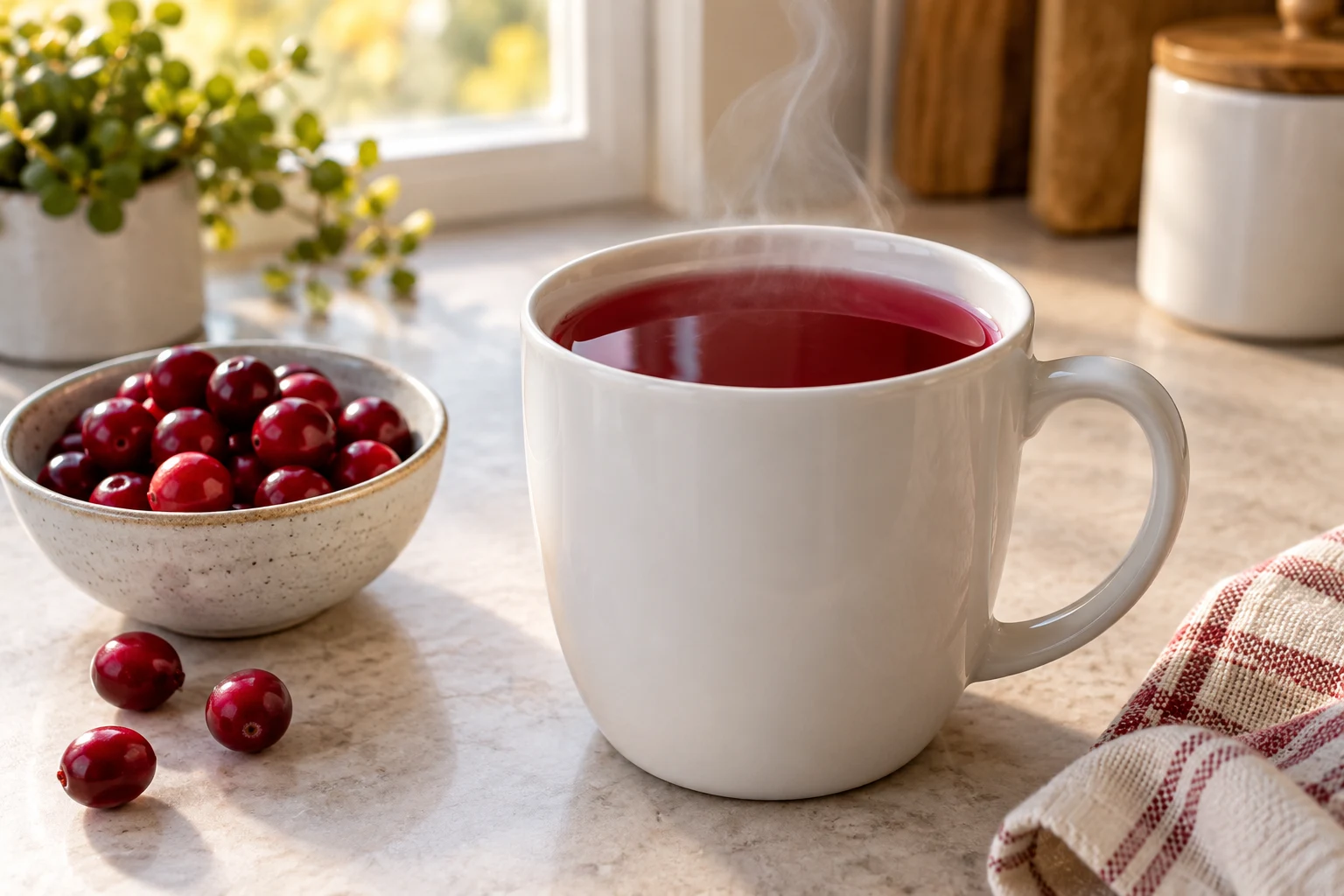A plain white mug of warm ruby red cranberry mors beside a small bowl of cranberries