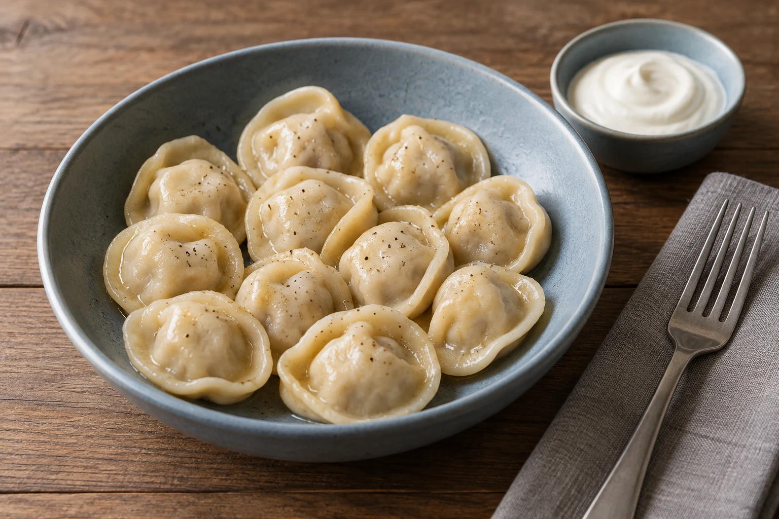 Small folded pelmeni dressed with melted butter and black pepper, with sour cream alongside