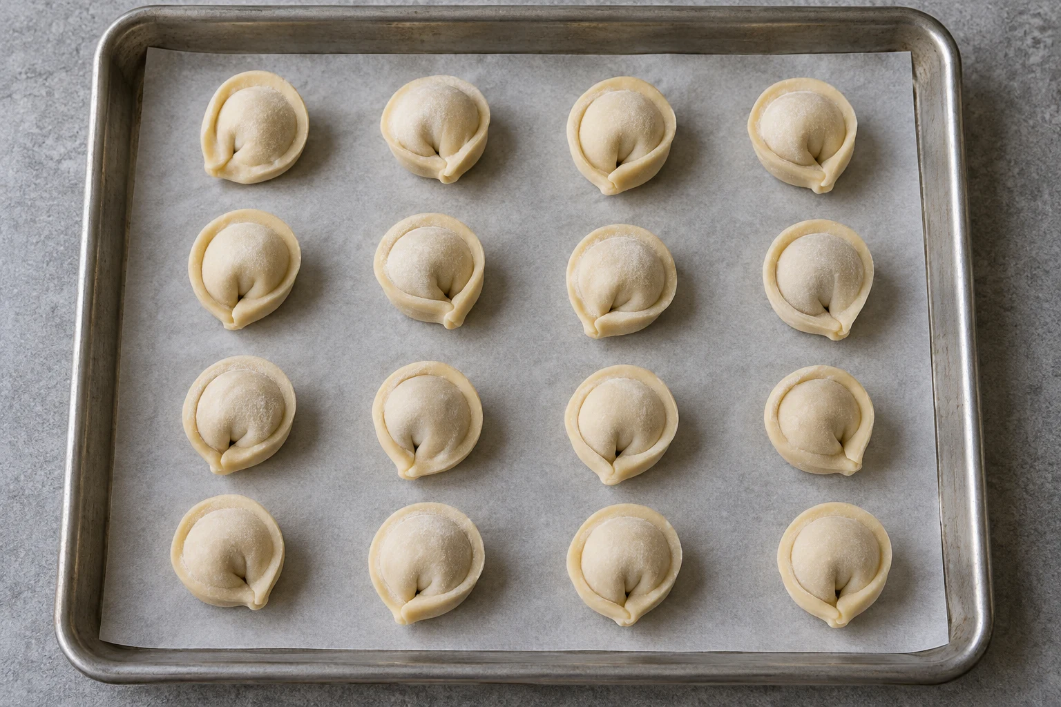 Raw ear-shaped pelmeni spaced apart in a single layer on a parchment-lined metal tray