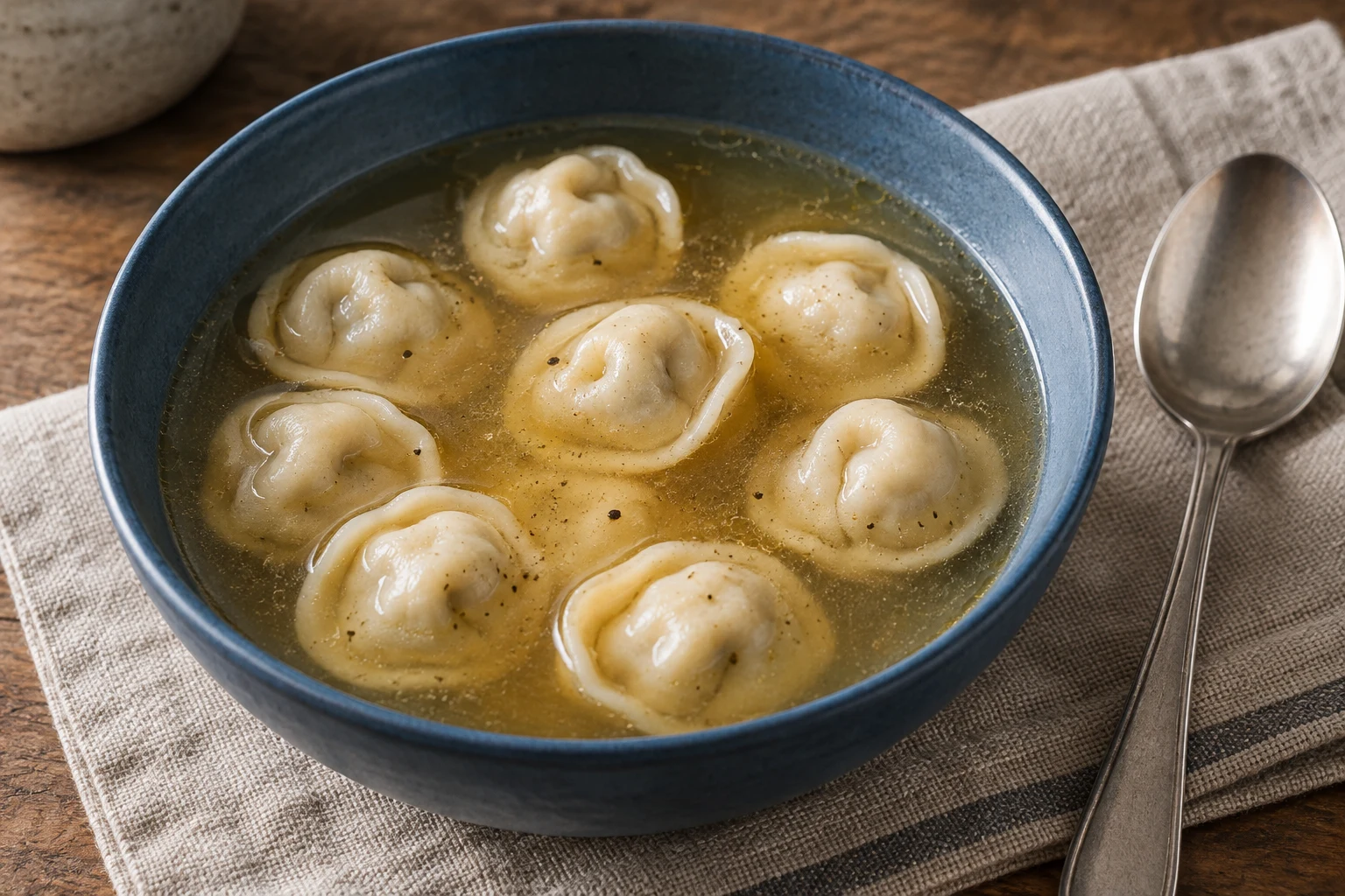 Cooked pelmeni partly submerged in light golden broth with black pepper, beside a soup spoon