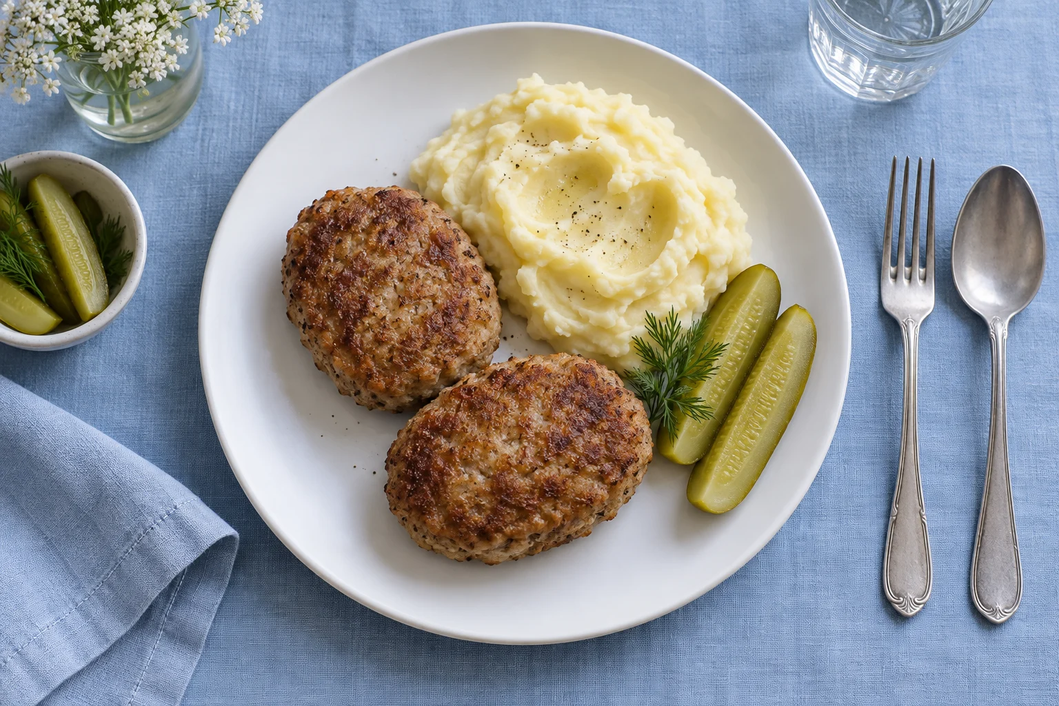 Two browned oval meat cutlets with mashed potatoes, pickle spears and dill on a white plate