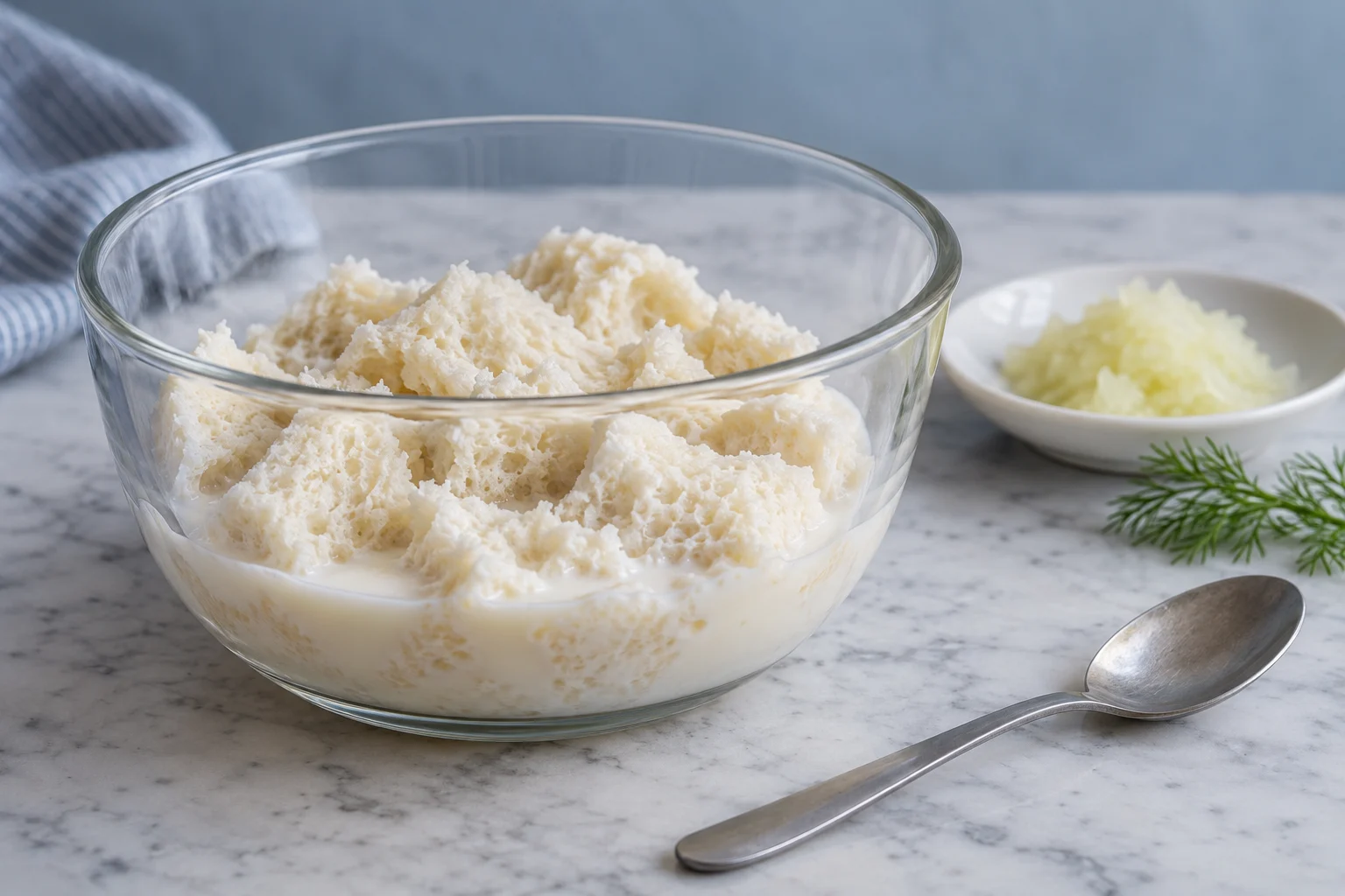 Torn crustless white bread absorbing milk in a glass bowl with grated onion nearby