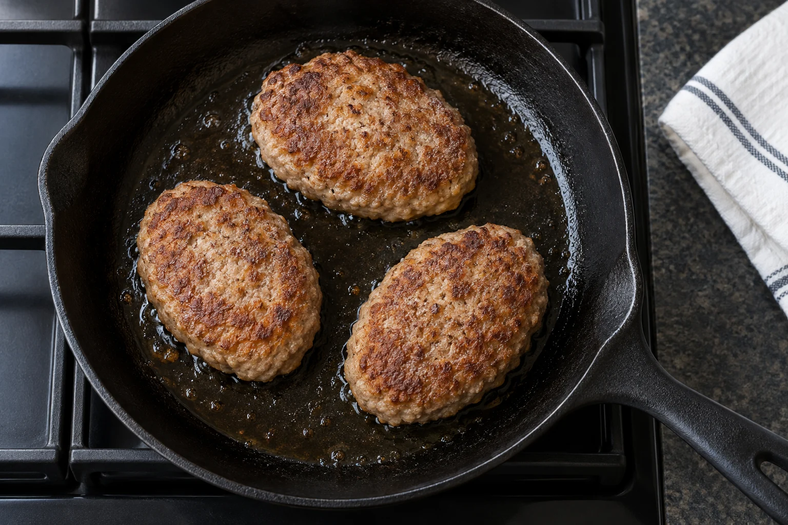 Three evenly browned oval meat patties spaced apart in a cast-iron skillet