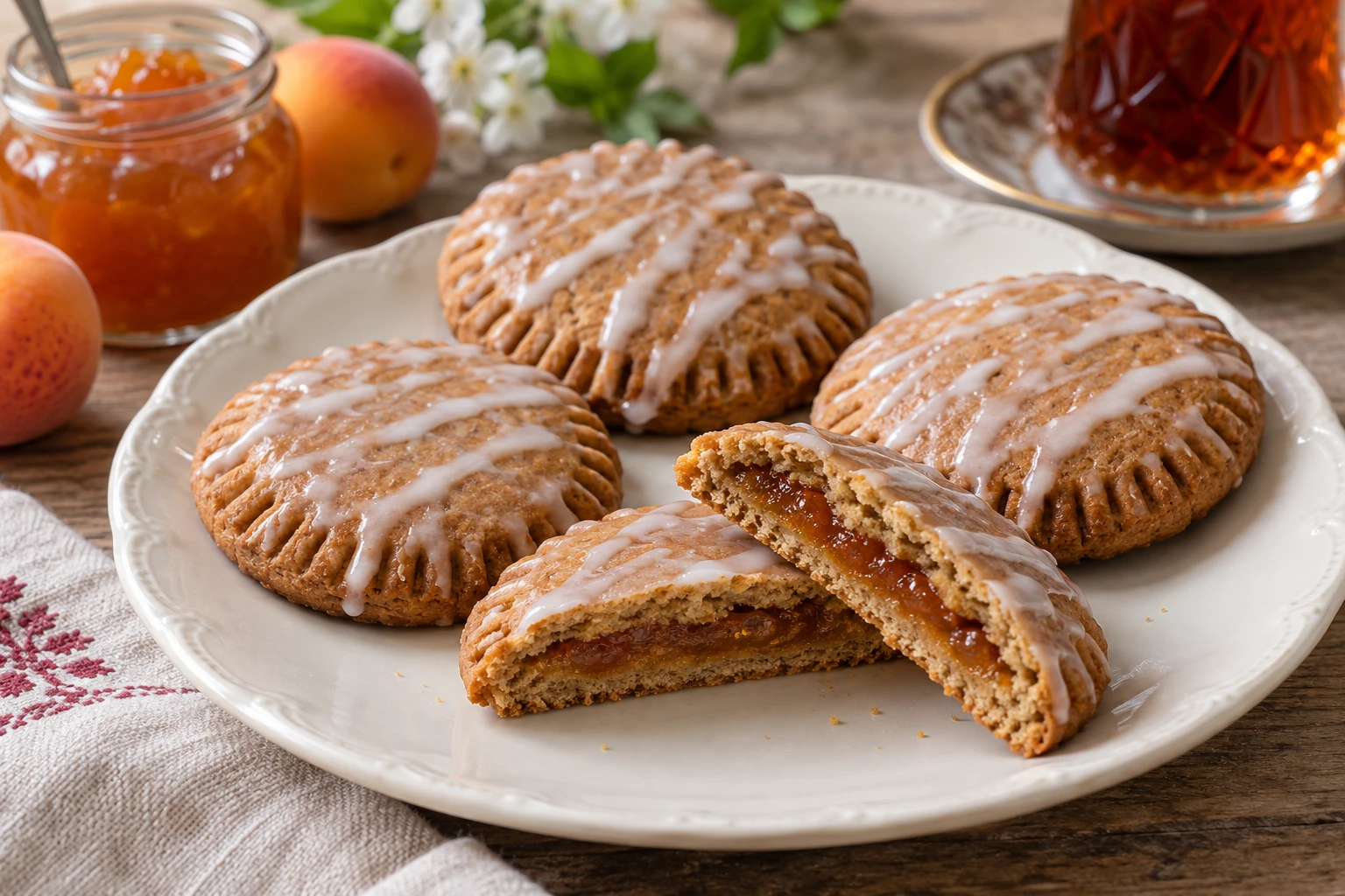 Fork-crimped honey spice cookie rounds with apricot jam inside and thin white glaze drizzled over the tops.