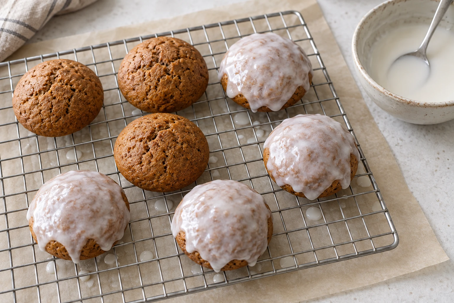 Round honey spice cookies on a rack, some unglazed and others coated in white sugar glaze.