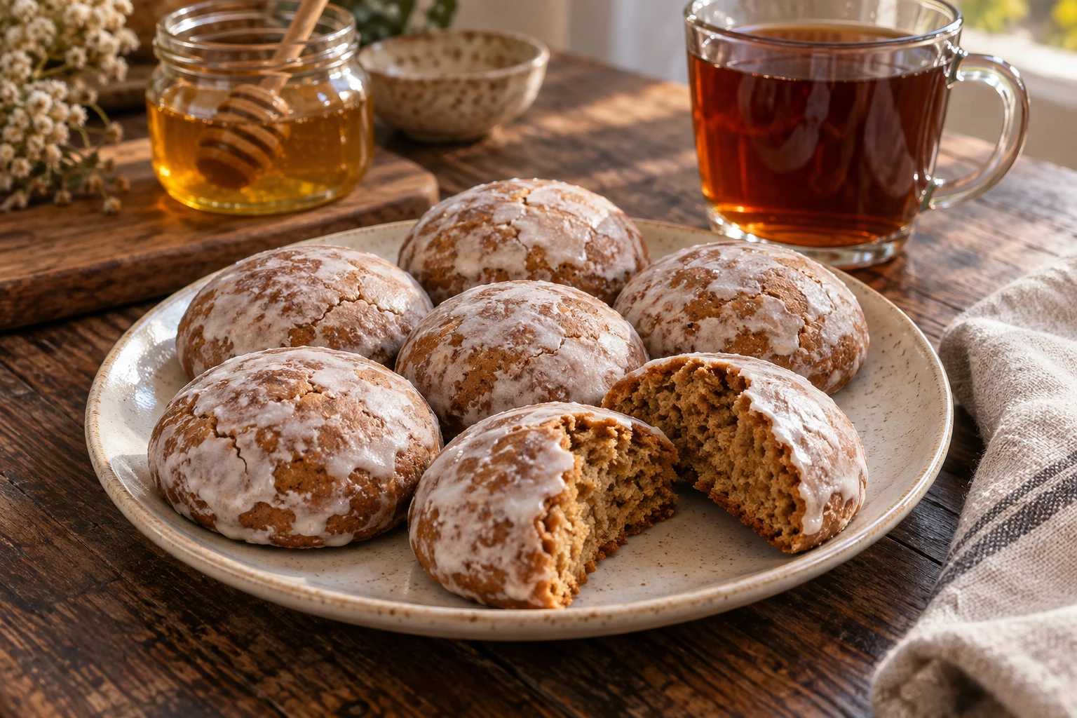 Domed honey spice pryaniki with thin white sugar glaze and one broken cookie showing a soft brown crumb.