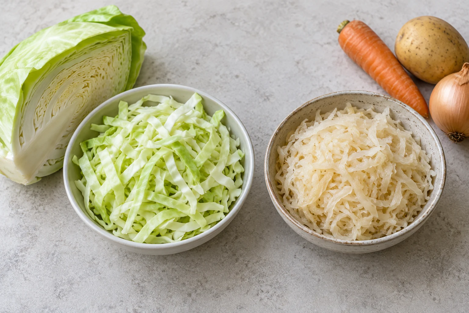 Fresh cabbage wedge and shreds beside a bowl of softened ivory sauerkraut