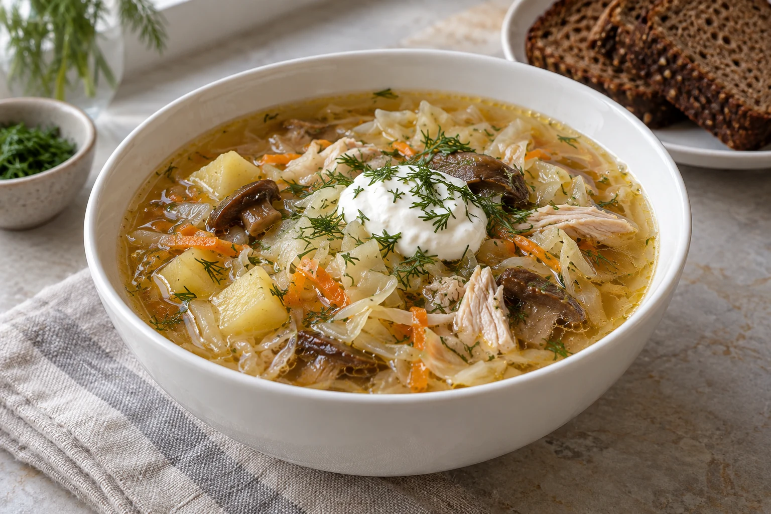 A bowl of cabbage, potato, mushroom and chicken shchi with sour cream and dill beside dark bread