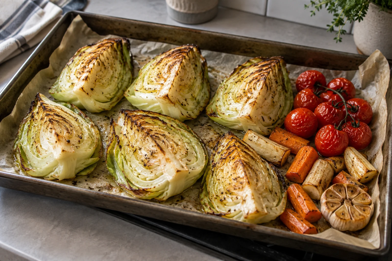 A roasting tray of browned cabbage wedges, cherry tomatoes, carrot, parsnip and garlic