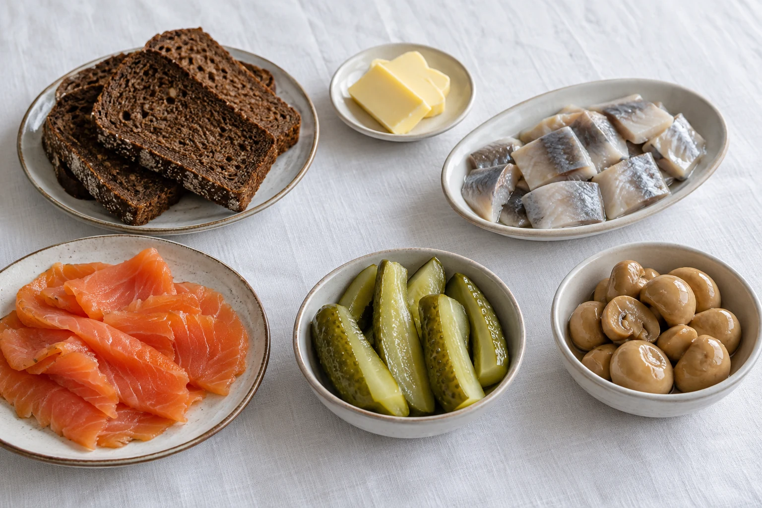 Separate dishes of herring, smoked salmon, pickled cucumbers, mushrooms, rye bread and butter on white linen