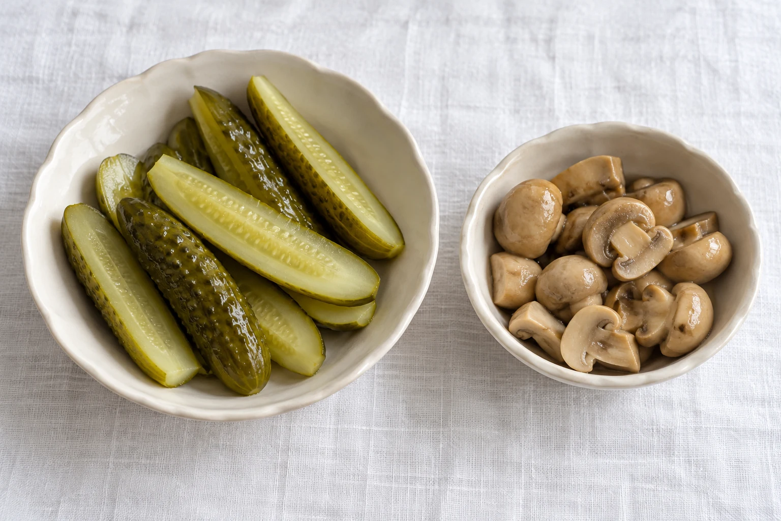 Two small bowls holding pickled cucumber spears and marinated mushrooms