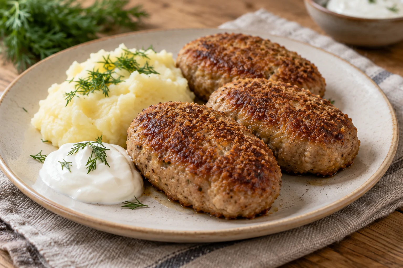 Three browned oblong meat zrazy beside mashed potatoes and sour cream