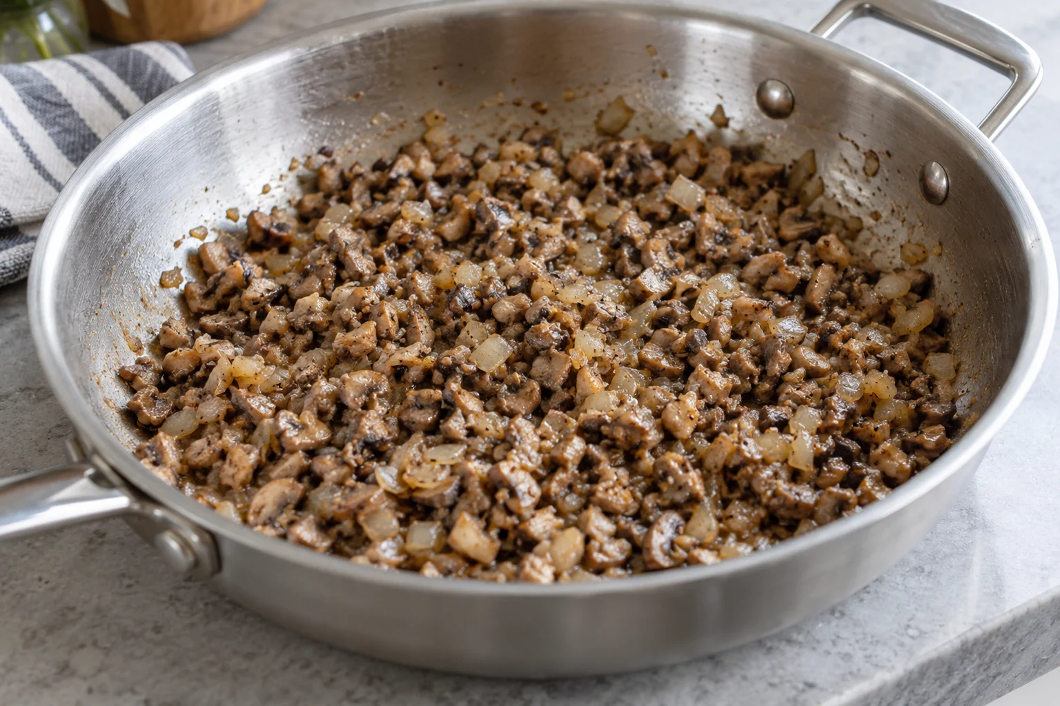 Finely chopped cooked mushrooms and softened onions in a wide stainless steel pan