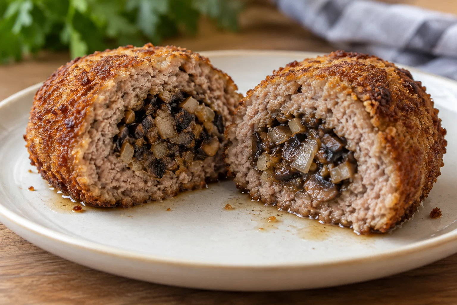 Two halves of a cooked meat zrazy showing a separate mushroom and onion centre