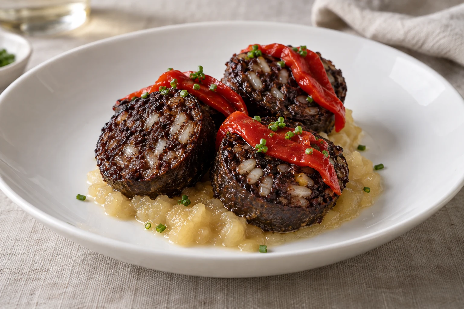 Rice-flecked morcilla slices over pale apple compote with red piquillo strips and chives