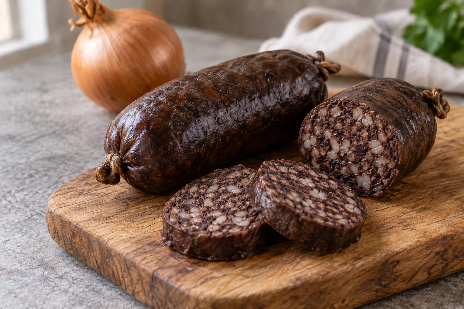 A whole dark morcilla link and cut sections showing rice grains on a board