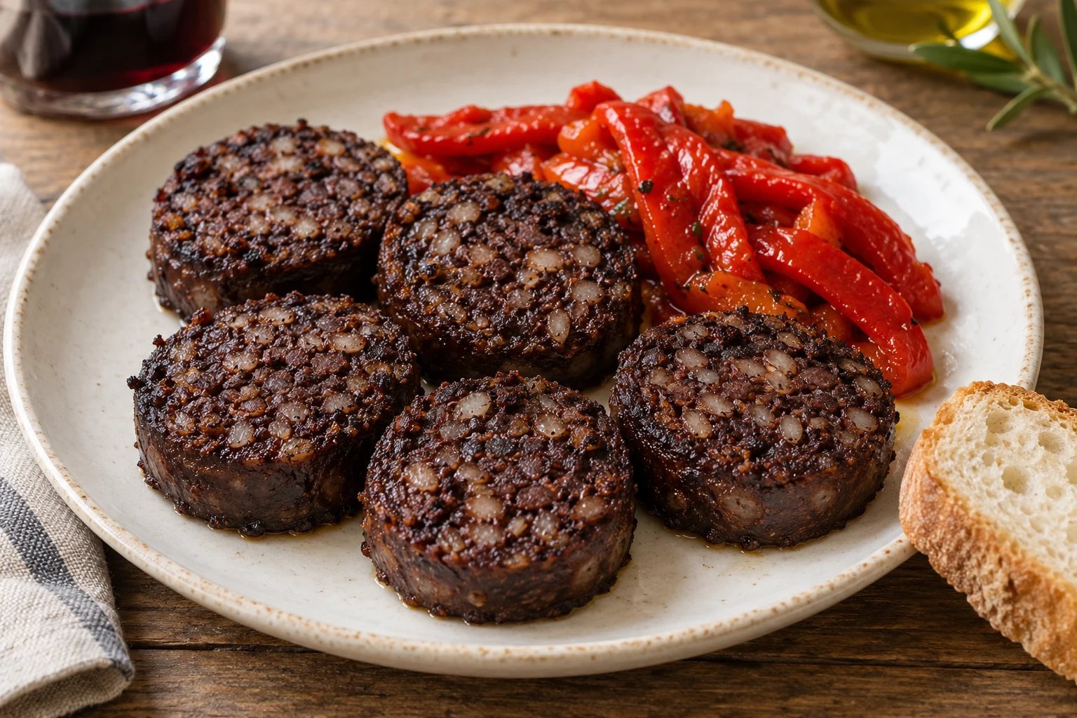 Crisp dark morcilla slices with visible rice grains beside roasted red peppers
