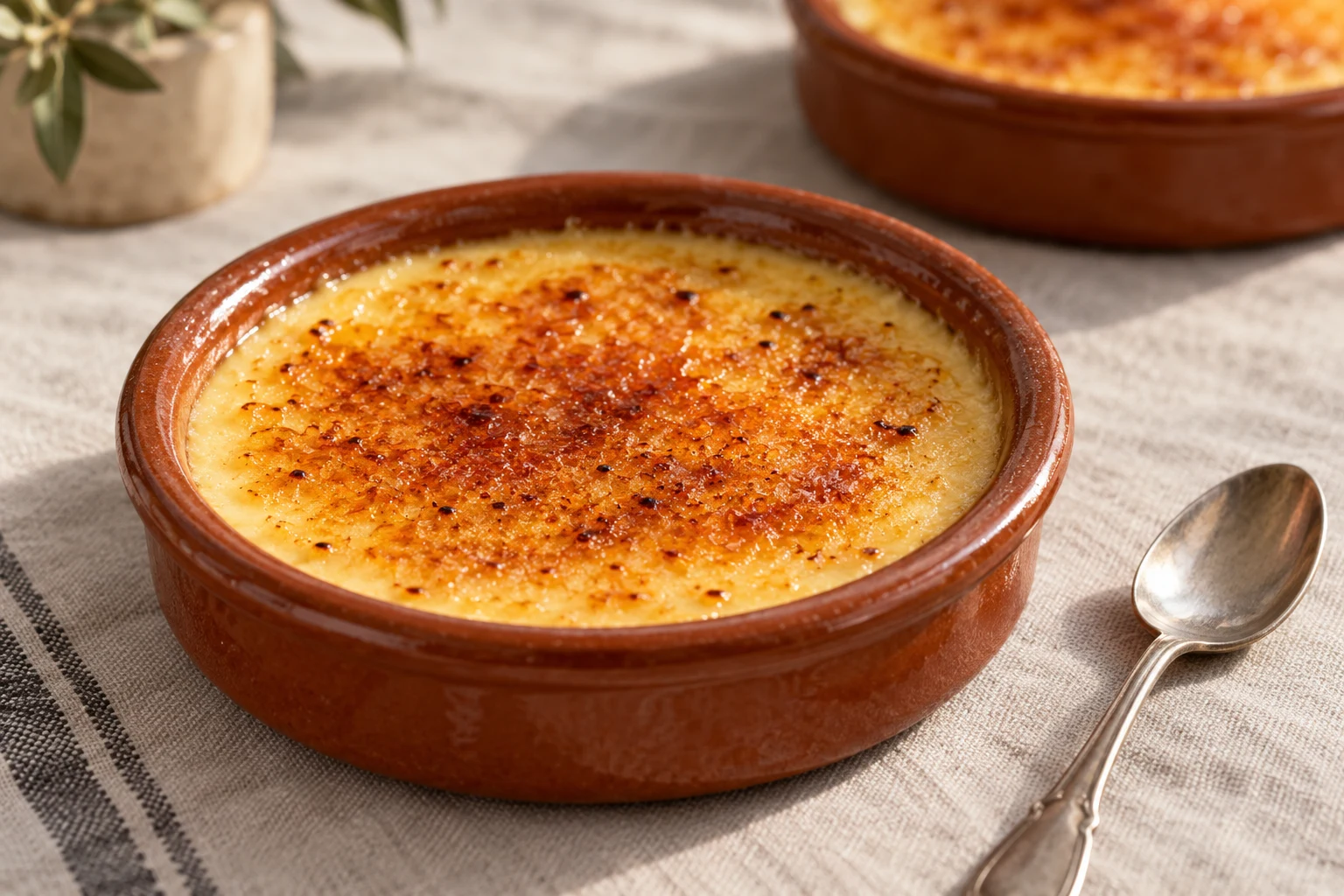 Amber caramel sugar crust over crema catalana in a shallow terracotta dish