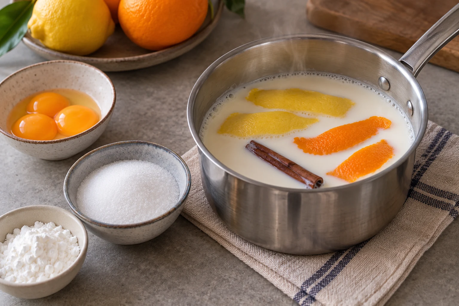 Milk with citrus peels and cinnamon beside egg yolks, starch and sugar