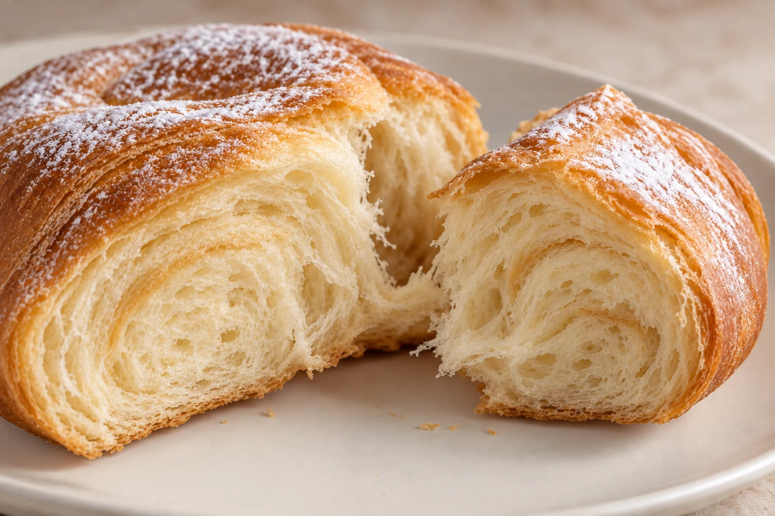 Torn pieces of plain ensaïmada exposing soft ivory crumb and curved inner layers beneath a thin golden crust