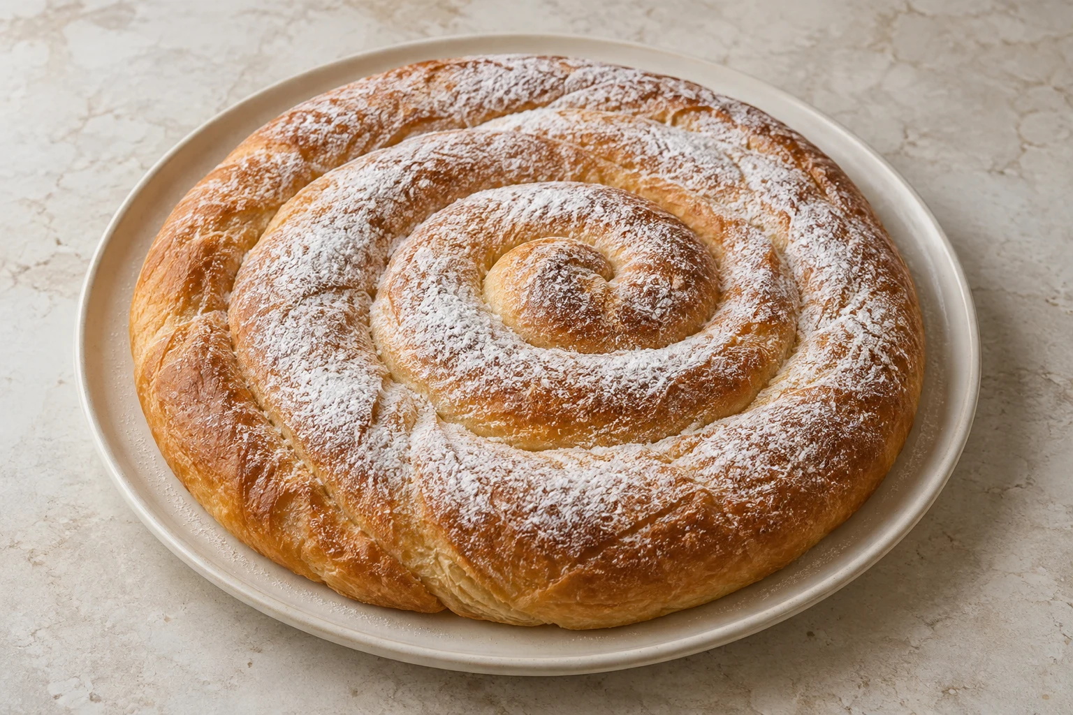 A broad golden ensaïmada spiral lightly dusted with powdered sugar on a plain platter