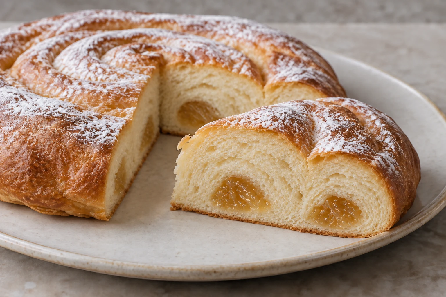 A cut wedge of ensaïmada showing pale golden squash preserve enclosed at the center of the dough rolls