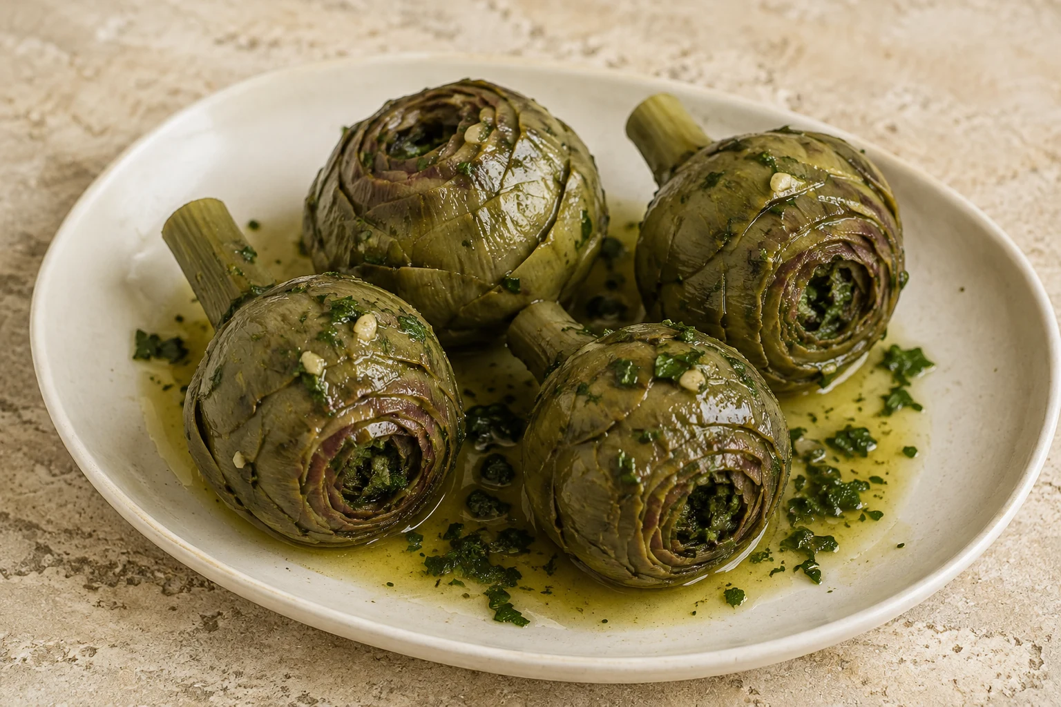 Four whole Roman-style braised artichokes with herbs and olive-oil juices