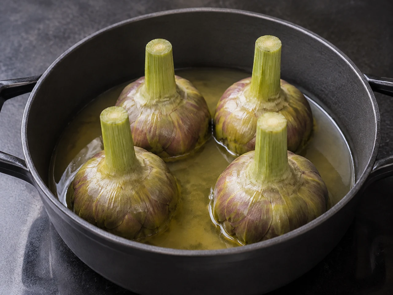 Four whole artichokes packed heads down with their stems up in a shallow braising liquid