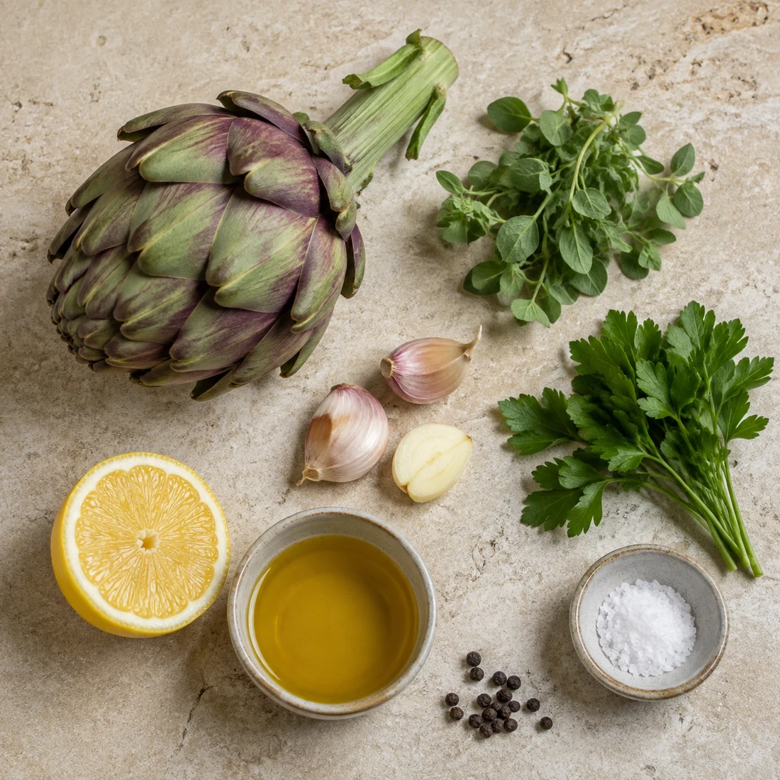 Fresh artichoke, mentuccia, parsley, garlic, lemon, olive oil, salt, and pepper