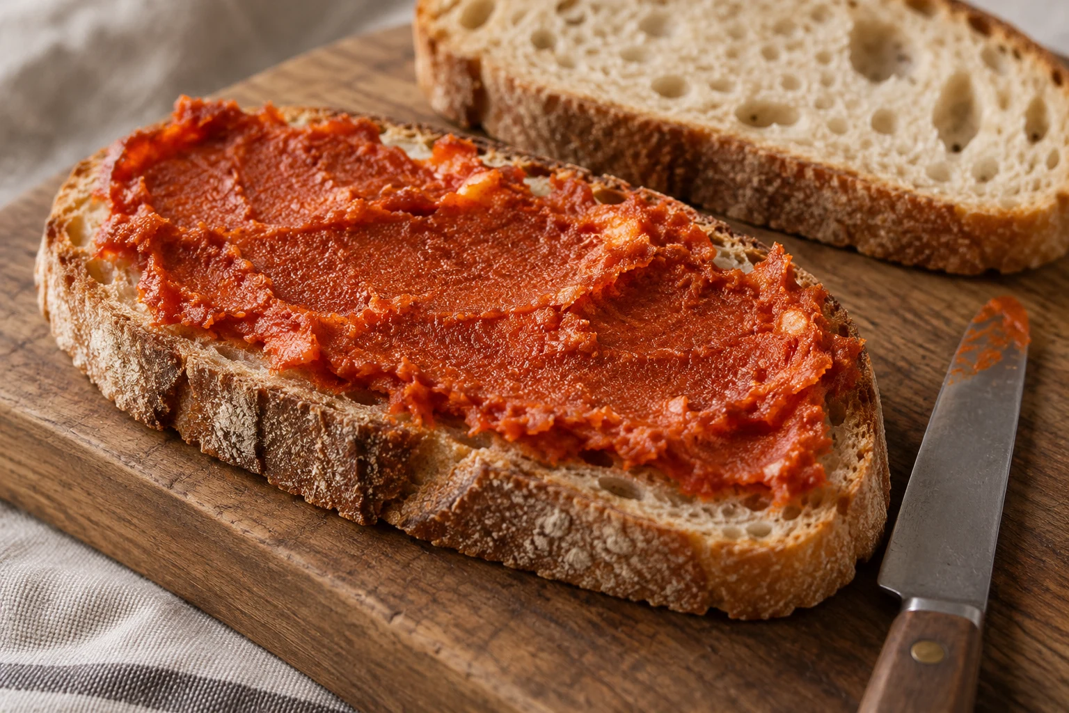 Rustic bread with a thin orange-red sobrasada spread marked by knife strokes