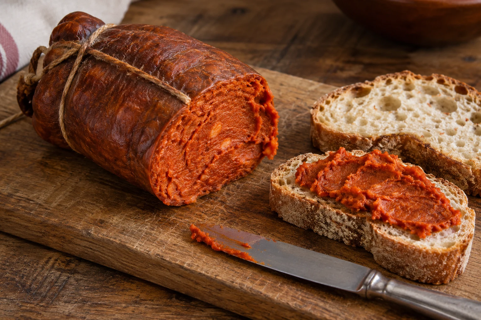 Cut sobrasada casing showing soft orange-red paste beside rustic bread on a board