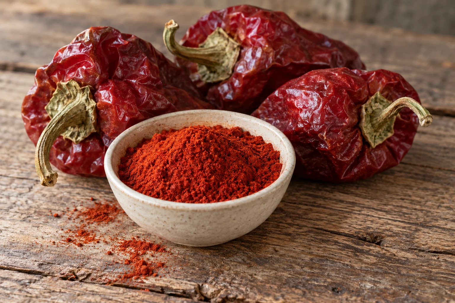 Brick-red ground paprika in a bowl beside dried broad red peppers