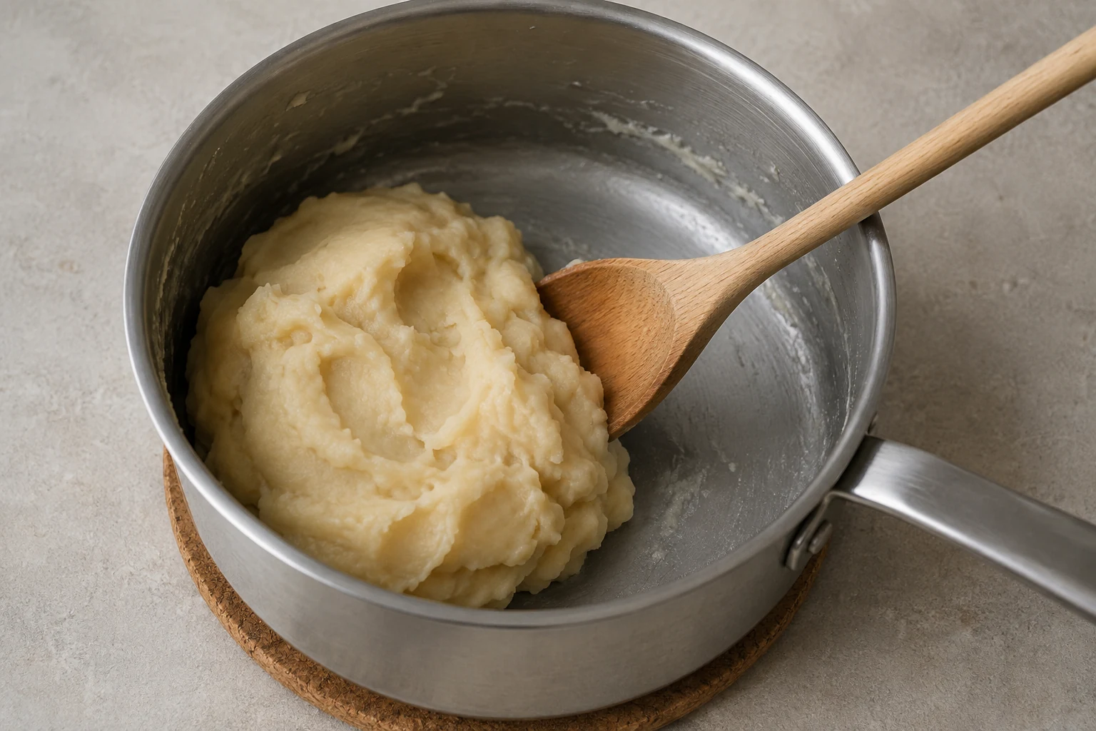 A cohesive mound of cooked flour paste pulled away from a saucepan wall beside a wooden spoon