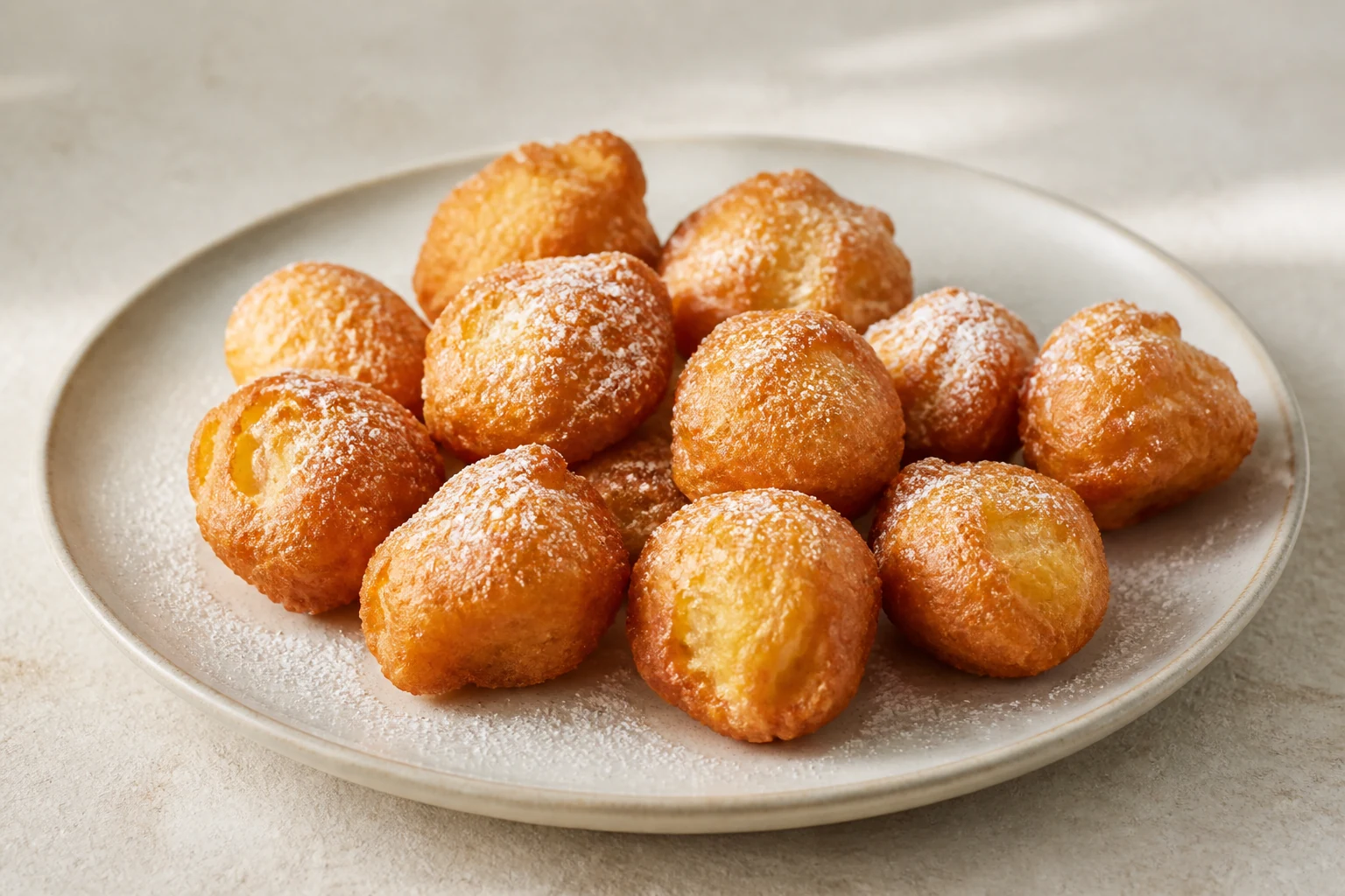 Small golden buñuelos de viento lightly dusted with powdered sugar on a ceramic plate