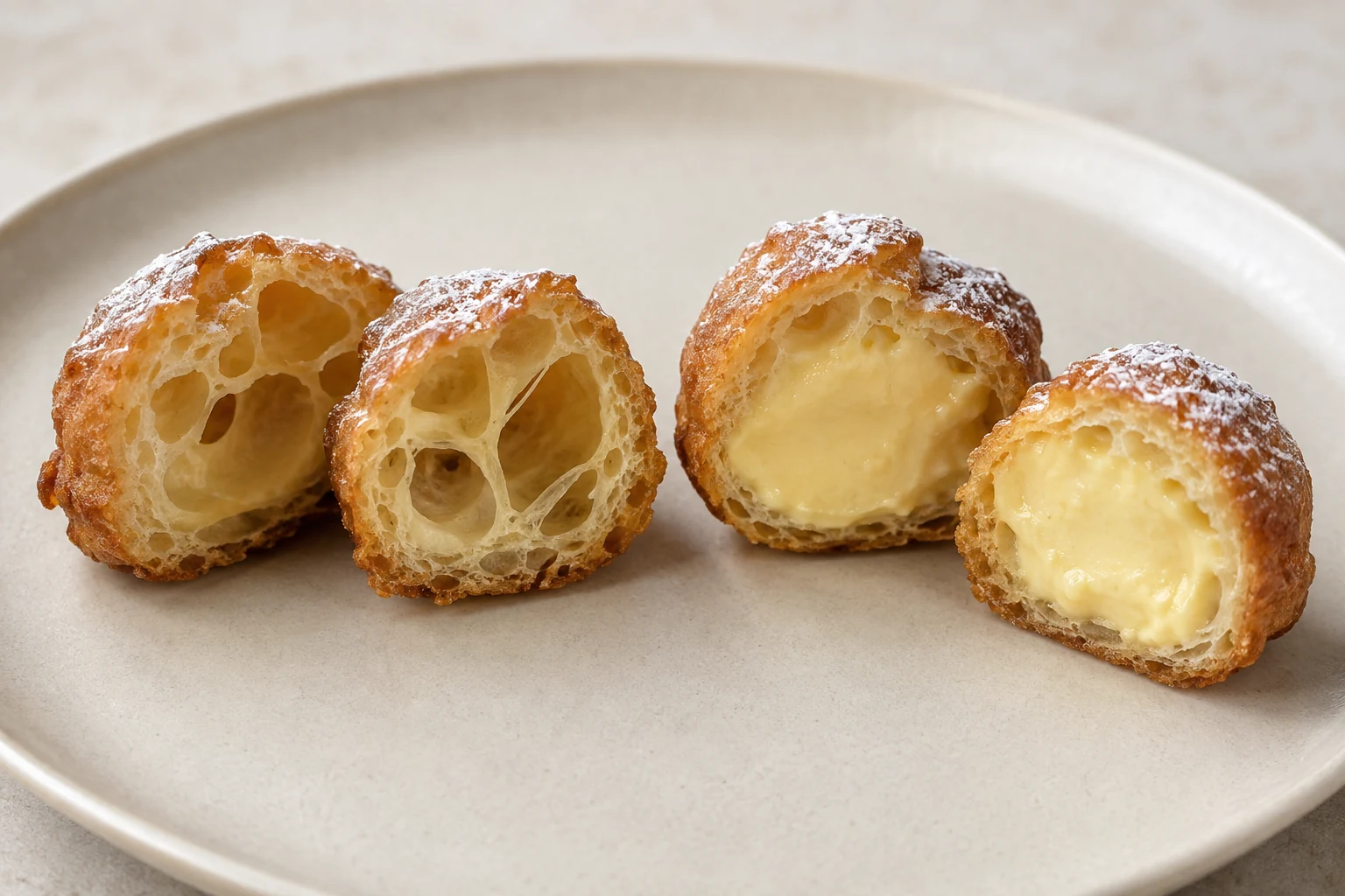Cut buñuelos showing airy unfilled interiors on the left and pale pastry cream on the right