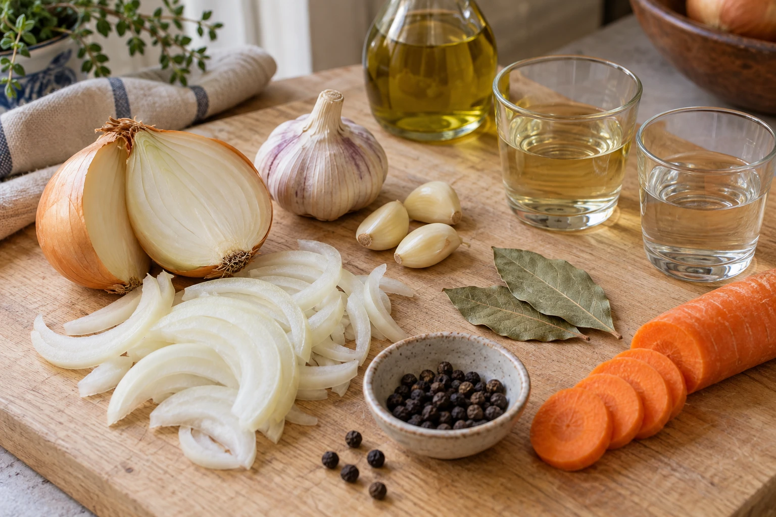 Onion, garlic, carrot, bay leaves, peppercorns and plain glasses of wine and vinegar.