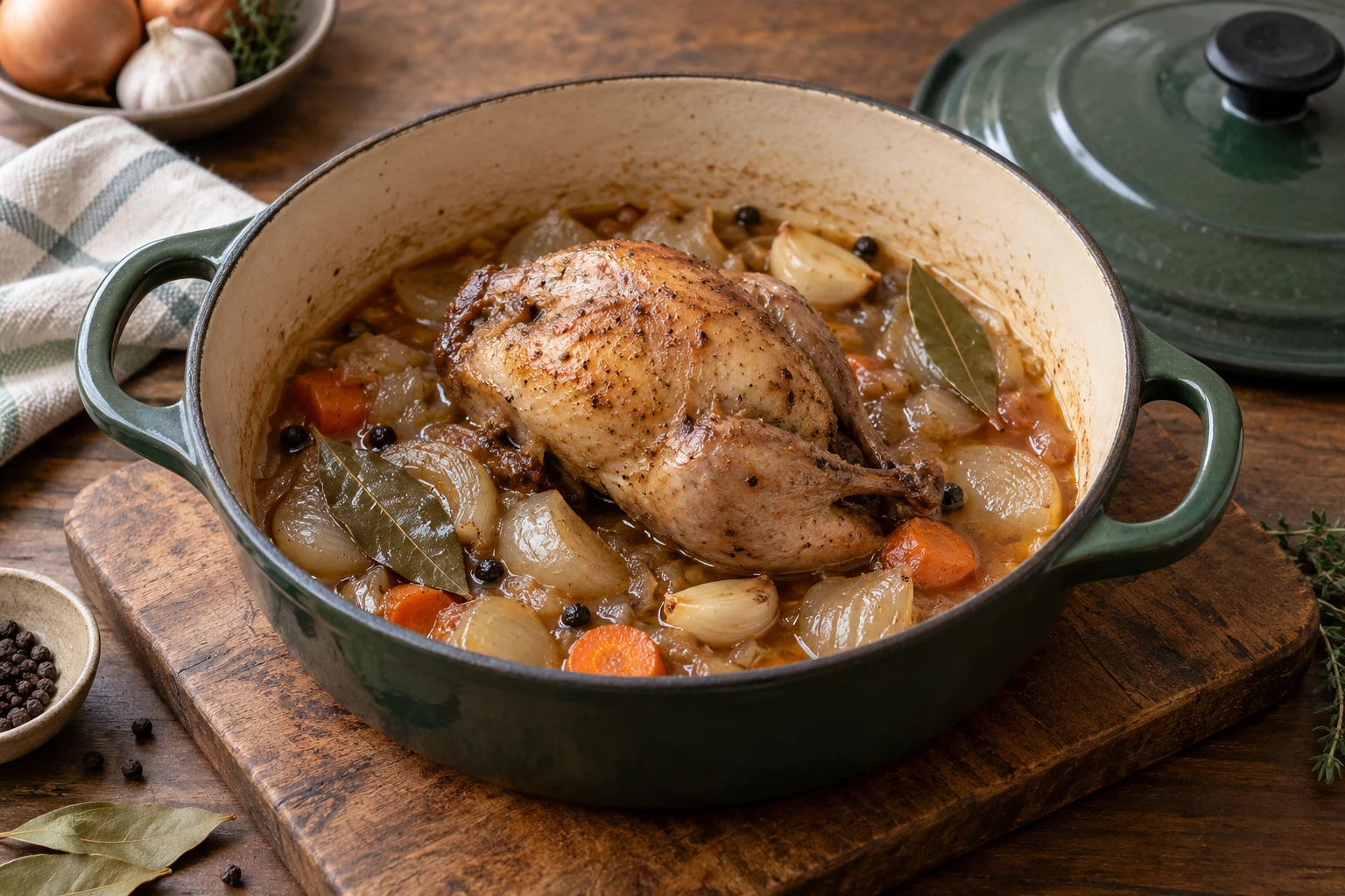 A small whole browned partridge in a casserole with onion, garlic, carrot, bay and peppercorns.