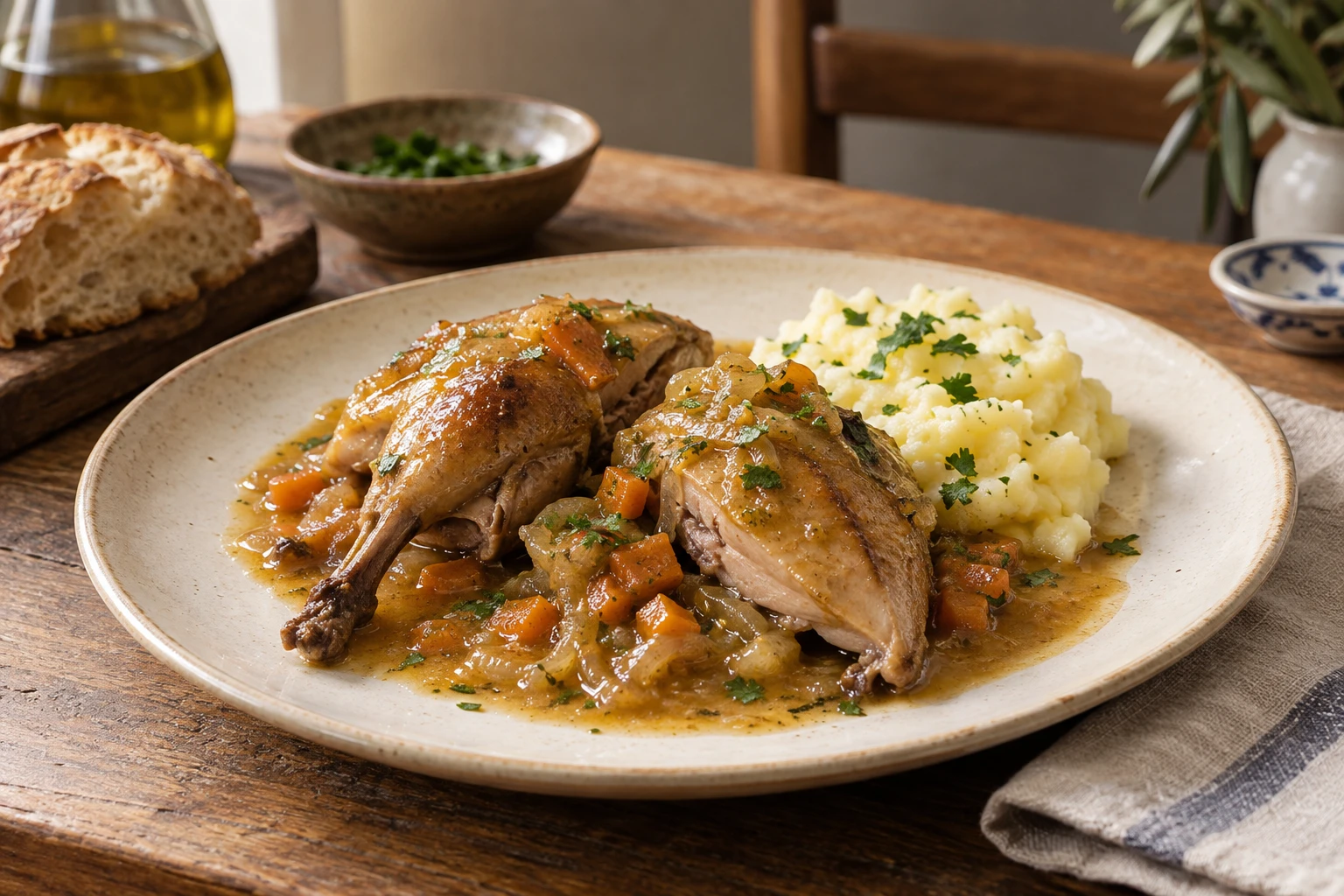 Two halves of a small braised partridge with vegetable sauce and mashed potato.