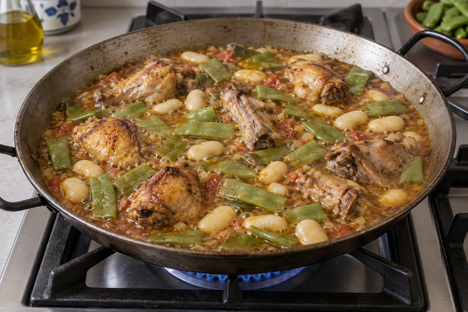 Meat and beans simmering in tomato-tinted broth in a shallow paella pan before rice is added.