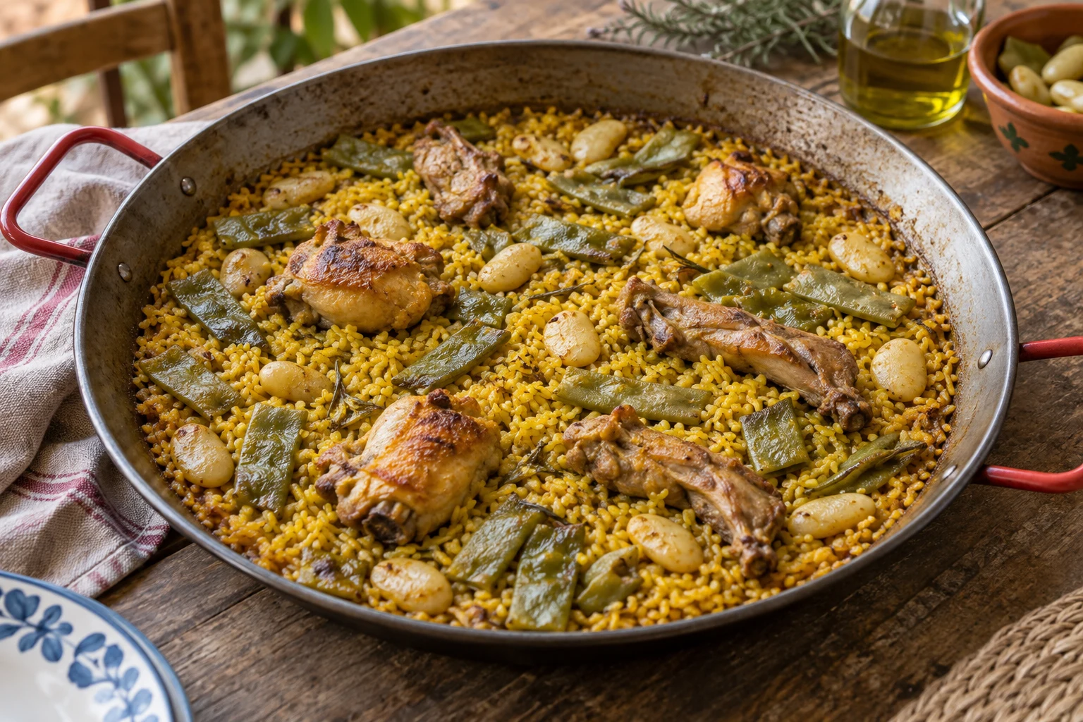Shallow pan of yellow rice with browned chicken and rabbit, flat green beans and large white garrofó beans.